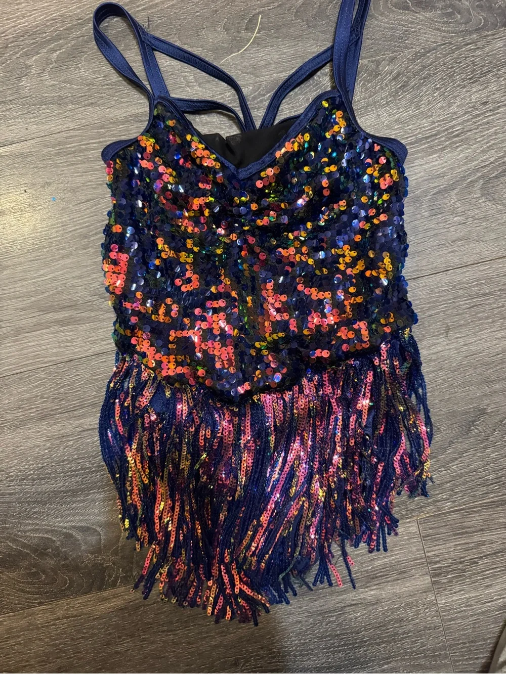 Weissman Navy Sequin Fringe Dance Costume with Multi-Color Accents